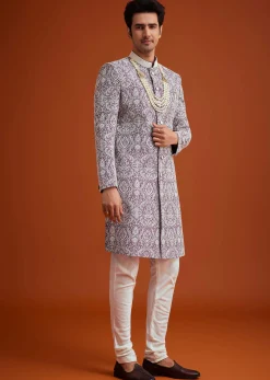 Purple Silk Sherwani Set With Bead Work