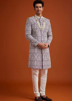 Purple Silk Sherwani Set With Bead Work