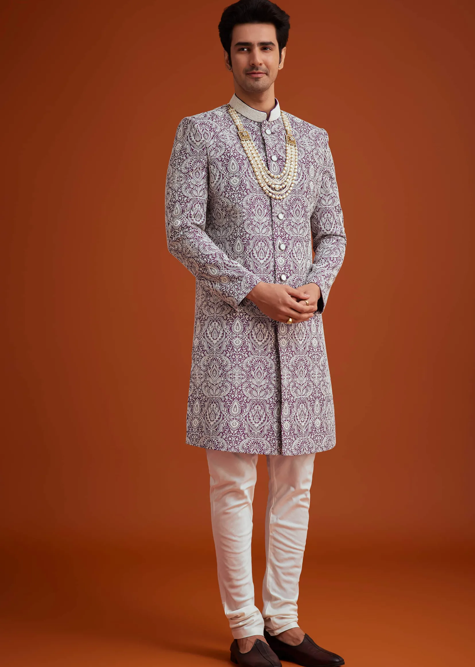 Purple Silk Sherwani Set With Bead Work