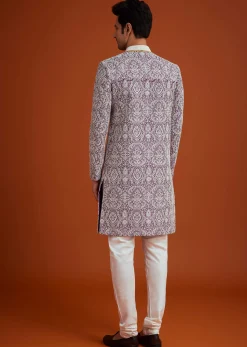 Purple Silk Sherwani Set With Bead Work