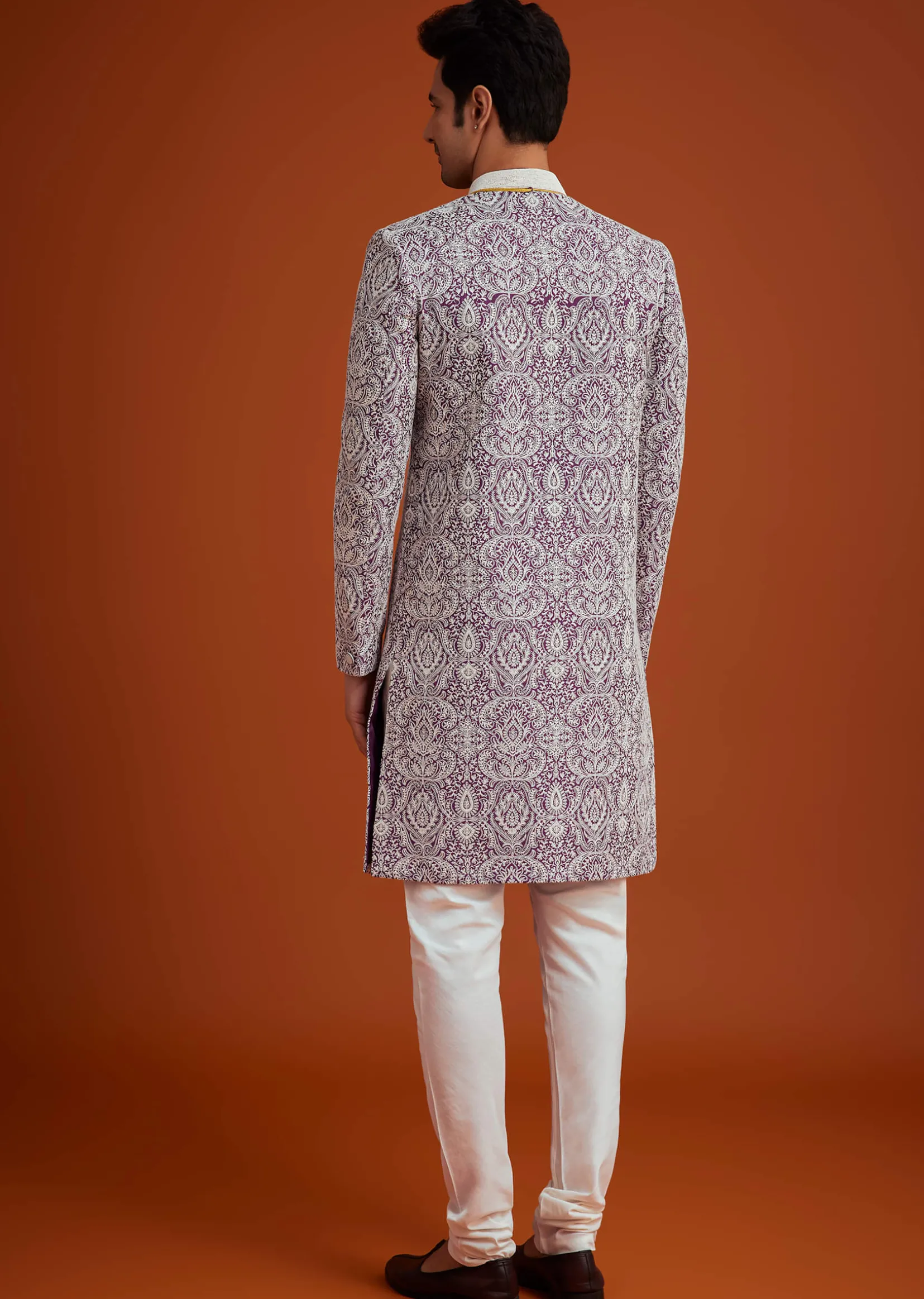 Purple Silk Sherwani Set With Bead Work