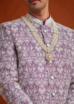 Purple Silk Sherwani Set With Bead Work And Embroidery
