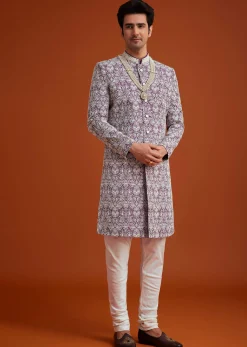 Purple Silk Sherwani Set With Bead Work And Embroidery