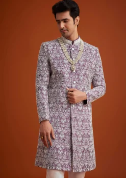 Purple Silk Sherwani Set With Bead Work And Embroidery