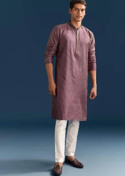 Purple Silk Textured Kurta Set For Men With Embroidery