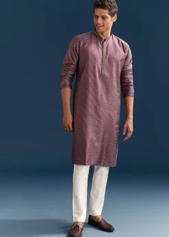 Purple Silk Textured Kurta Set For Men With Embroidery