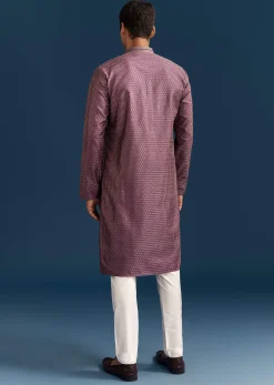 Purple Silk Textured Kurta Set For Men With Embroidery