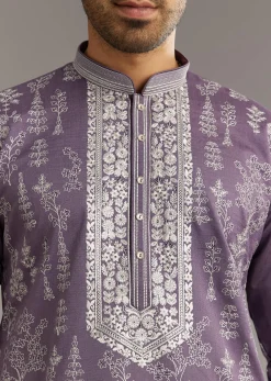 Purple Silk Vine Motif Printed Kurta Set With Thread Work