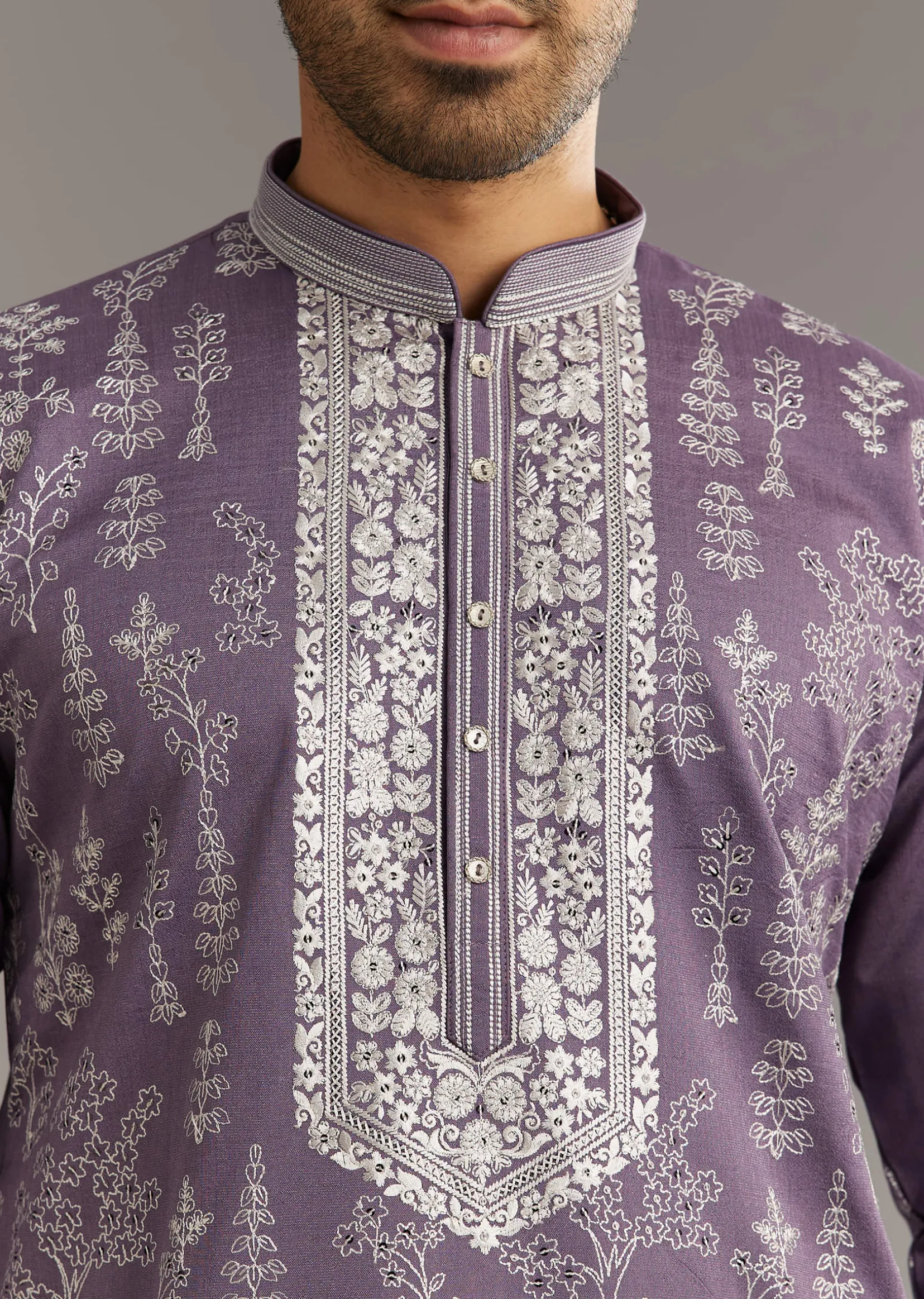 Purple Silk Vine Motif Printed Kurta Set With Thread Work
