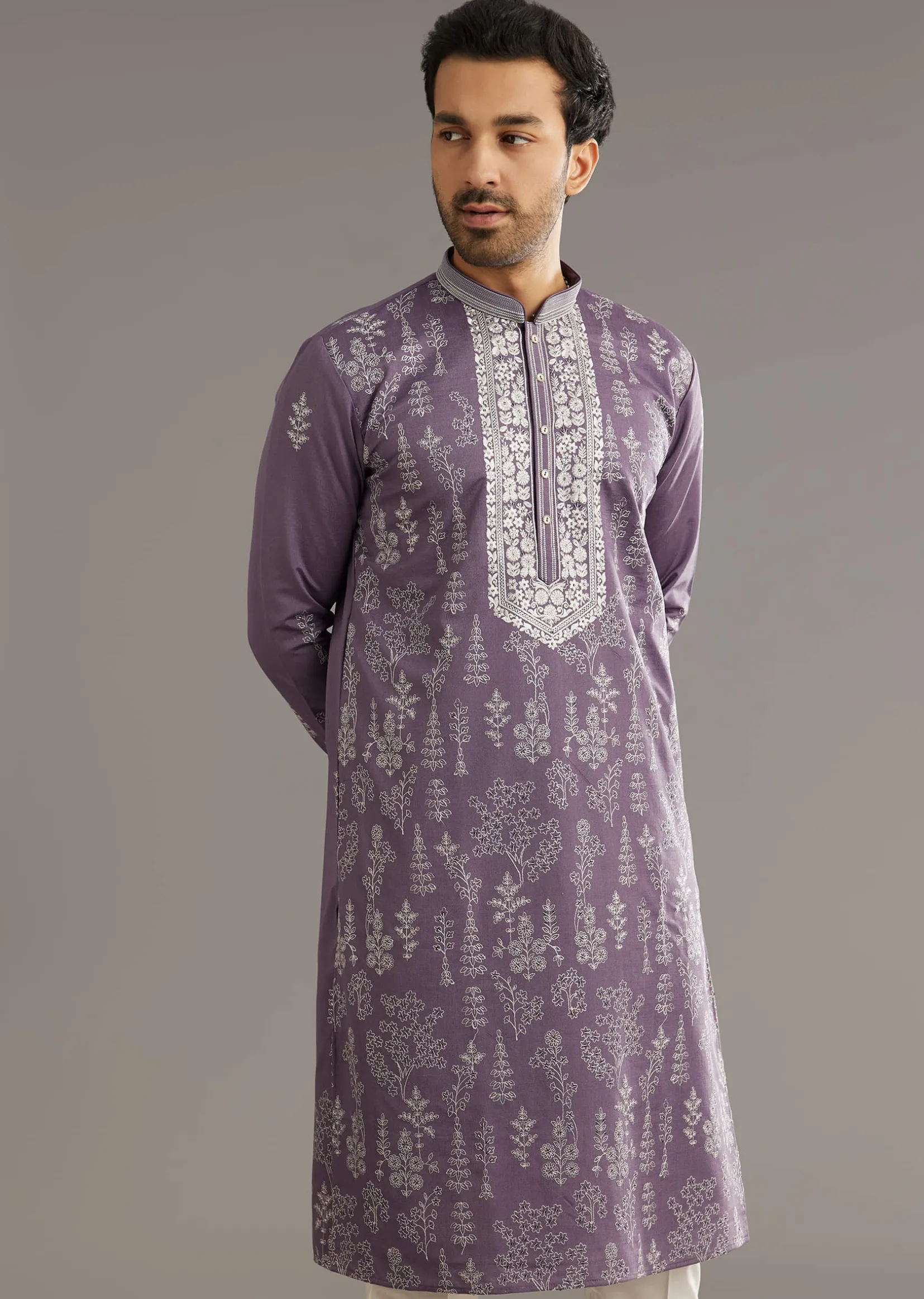 Purple Silk Vine Motif Printed Kurta Set With Thread Work