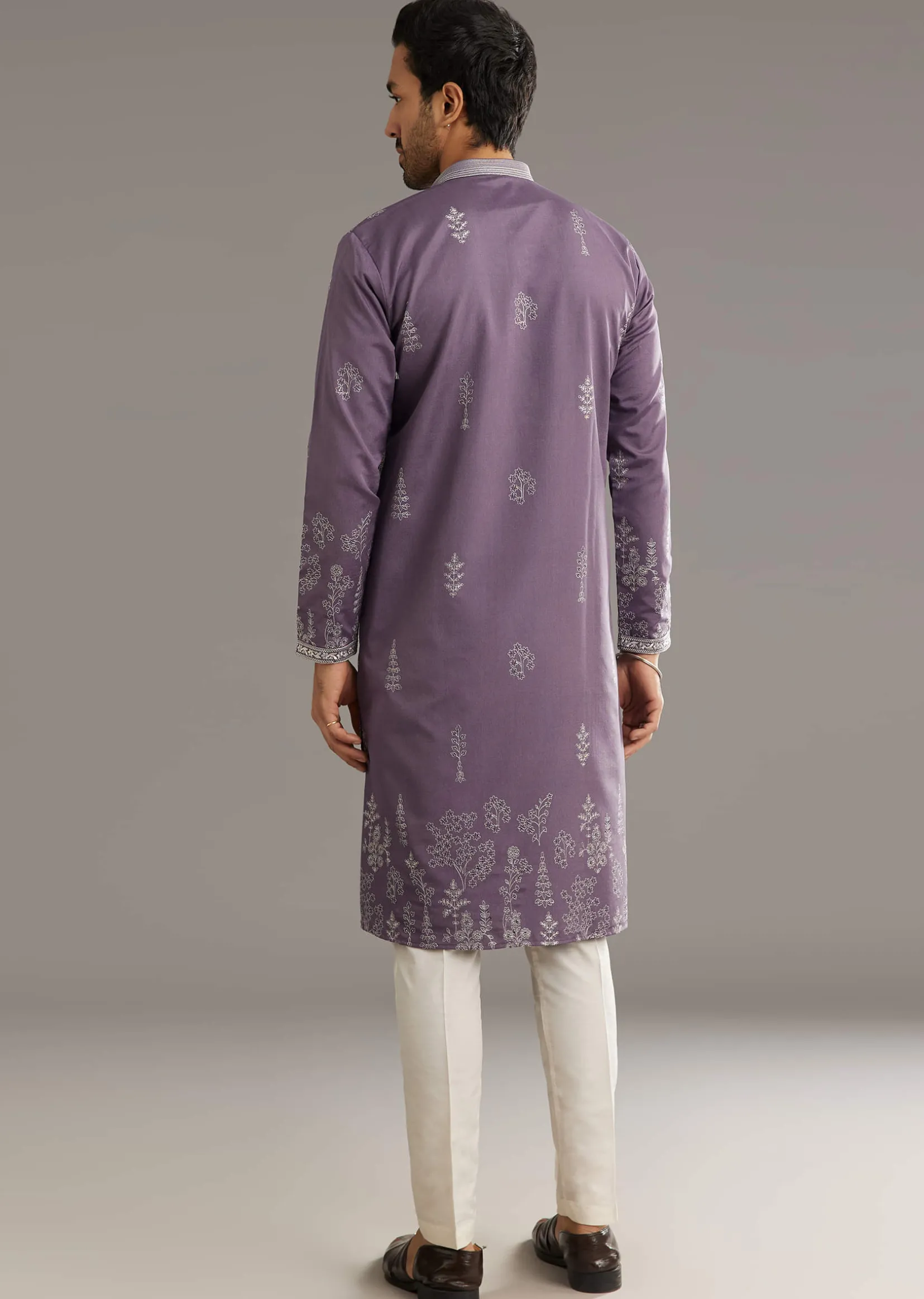 Purple Silk Vine Motif Printed Kurta Set With Thread Work