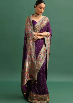 Purple Silk Woven Bandhani Saree With Paithani Border Pallu And Unstitched Blouse