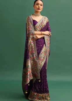 Purple Silk Woven Bandhani Saree With Paithani Border Pallu And Unstitched Blouse
