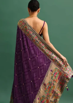 Purple Silk Woven Bandhani Saree With Paithani Border Pallu And Unstitched Blouse