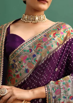 Purple Silk Woven Bandhani Saree With Paithani Border Pallu And Unstitched Blouse
