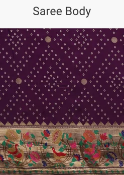 Purple Silk Woven Bandhani Saree With Paithani Border Pallu And Unstitched Blouse