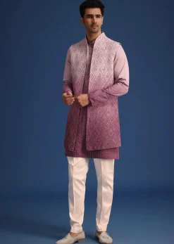 Purple Silk Zardozi Work Jacket And Kurta Set
