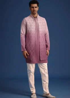 Purple Silk Zardozi Work Jacket And Kurta Set