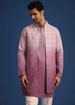 Purple Silk Zardozi Work Jacket And Kurta Set