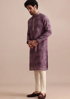 Purple Silk Zipper Kurta Set In Sequin For Men