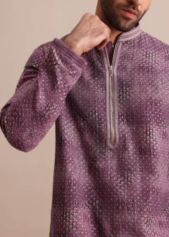 Purple Silk Zipper Kurta Set In Sequin For Men