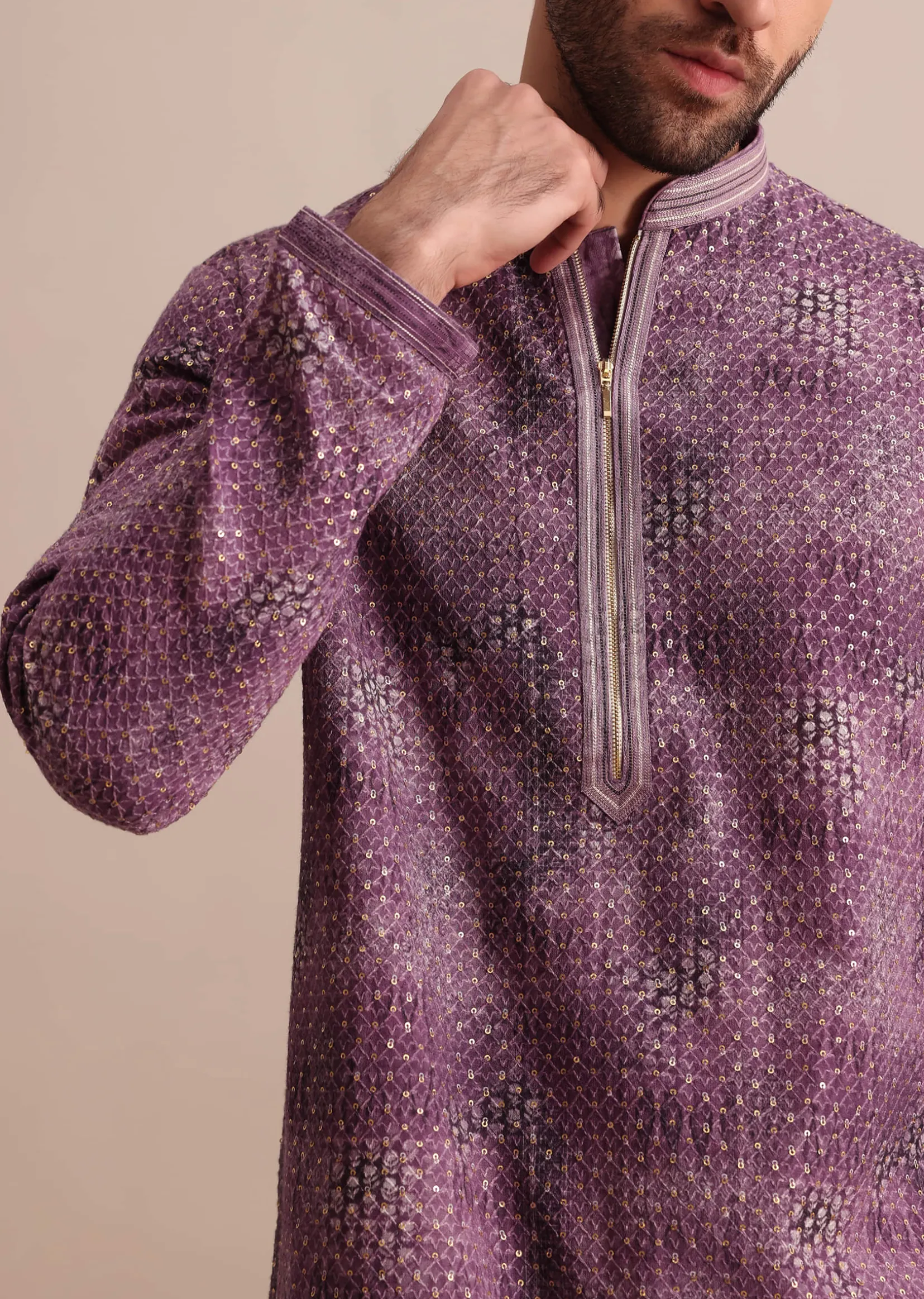 Purple Silk Zipper Kurta Set In Sequin For Men