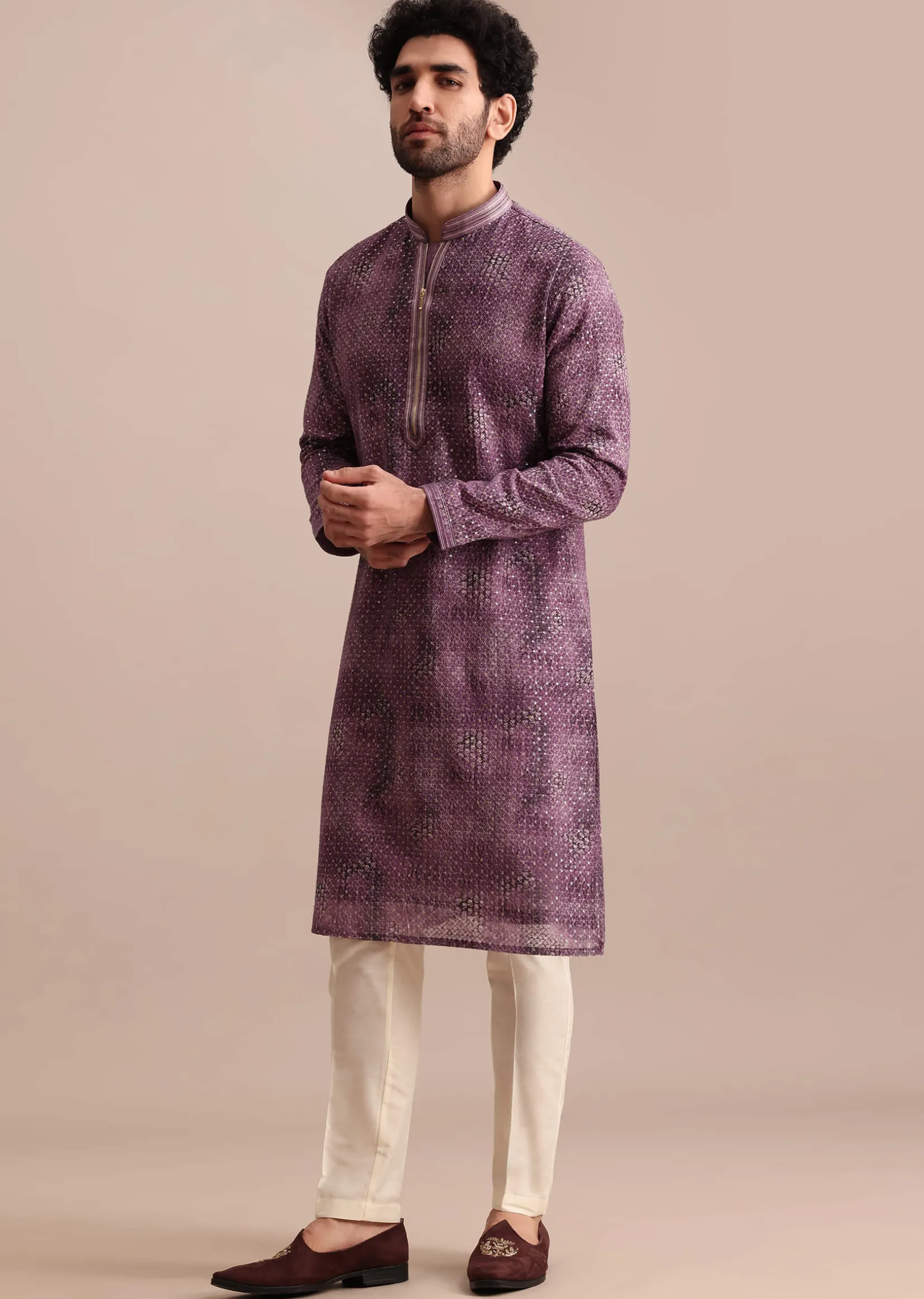 Purple Silk Zipper Kurta Set In Sequin For Men