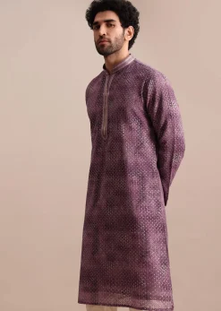 Purple Silk Zipper Kurta Set In Sequin For Men