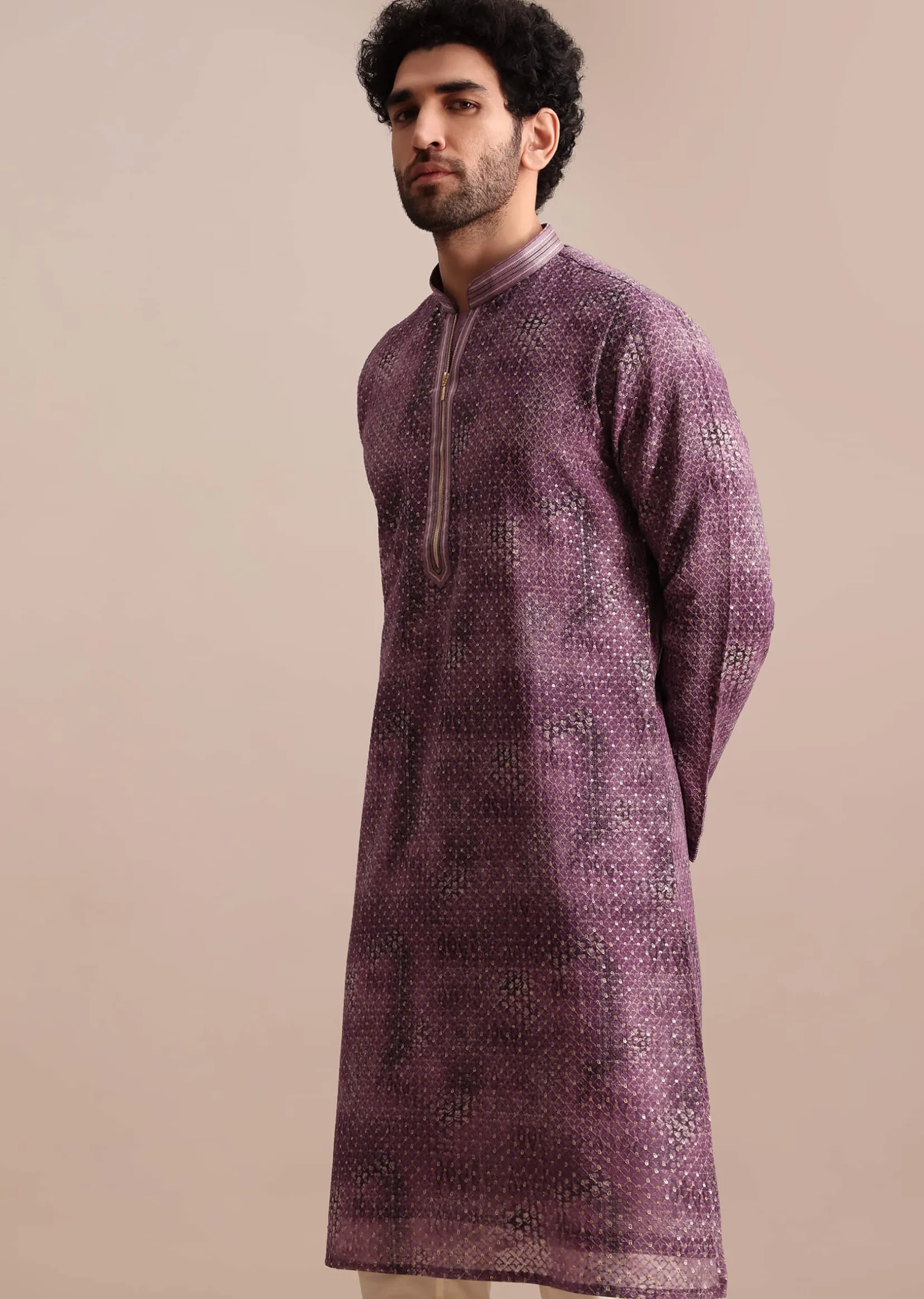 Purple Silk Zipper Kurta Set In Sequin For Men