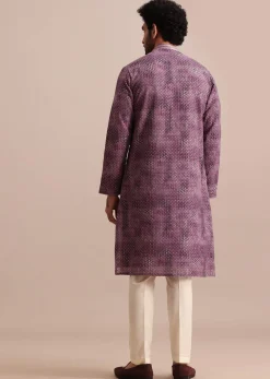 Purple Silk Zipper Kurta Set In Sequin For Men