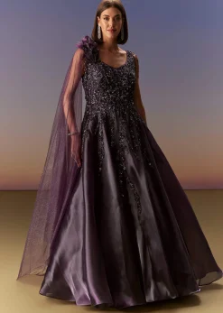 Purple Sleeveless Gown With Floral Shoulder Embroidery And Trail
