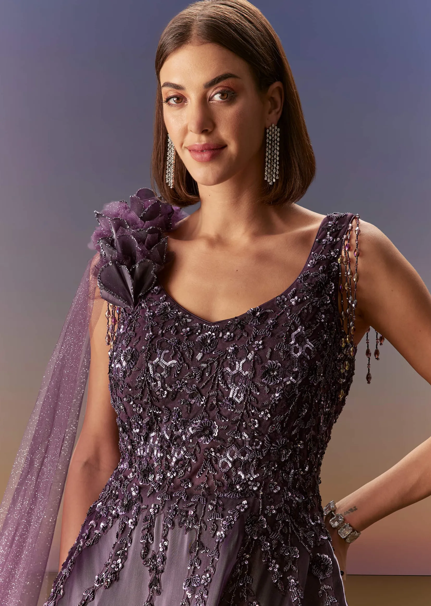 Purple Sleeveless Gown With Floral Shoulder Embroidery And Trail