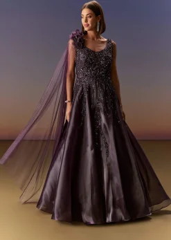 Purple Sleeveless Gown With Floral Shoulder Embroidery And Trail