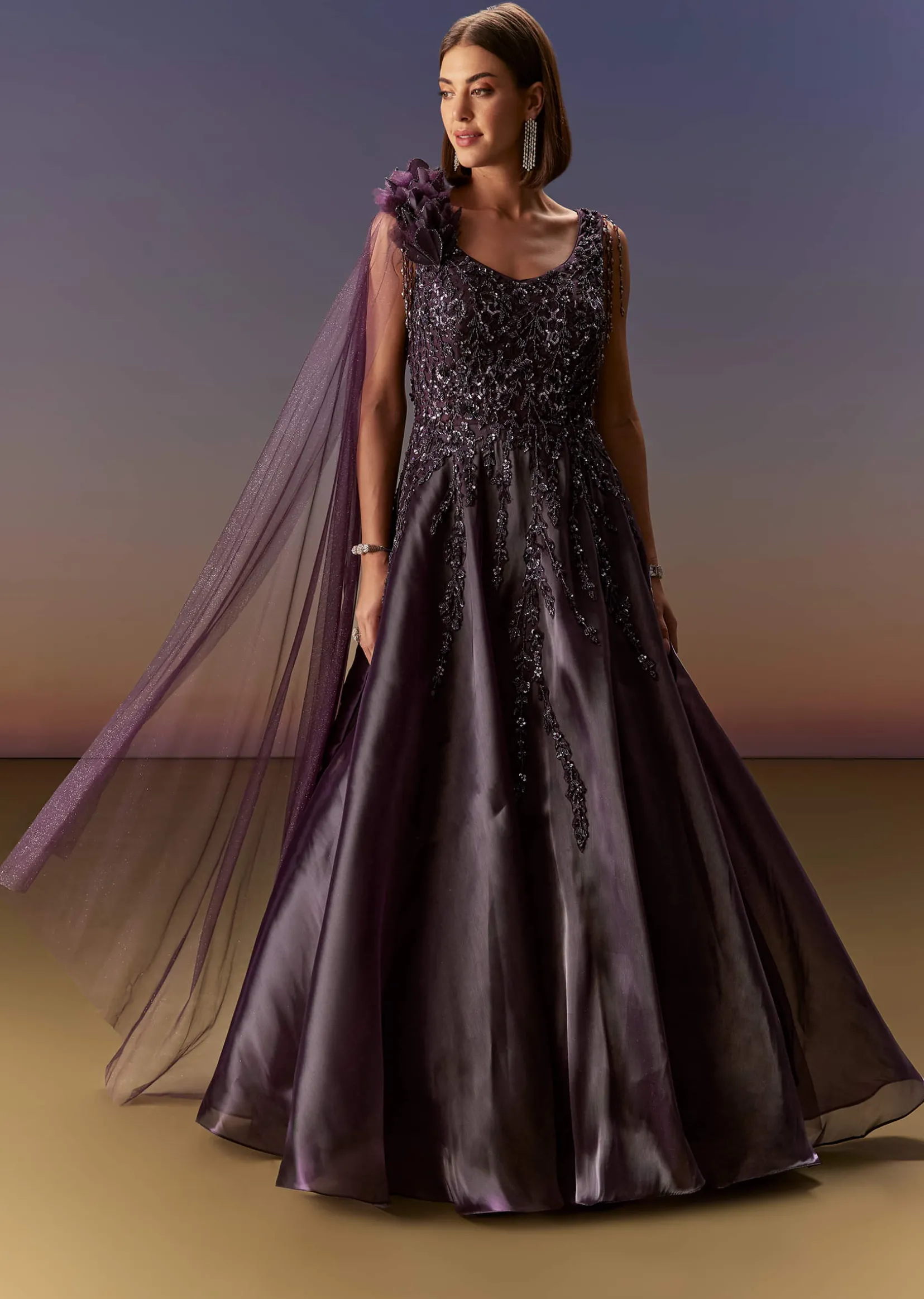 Purple Sleeveless Gown With Floral Shoulder Embroidery And Trail
