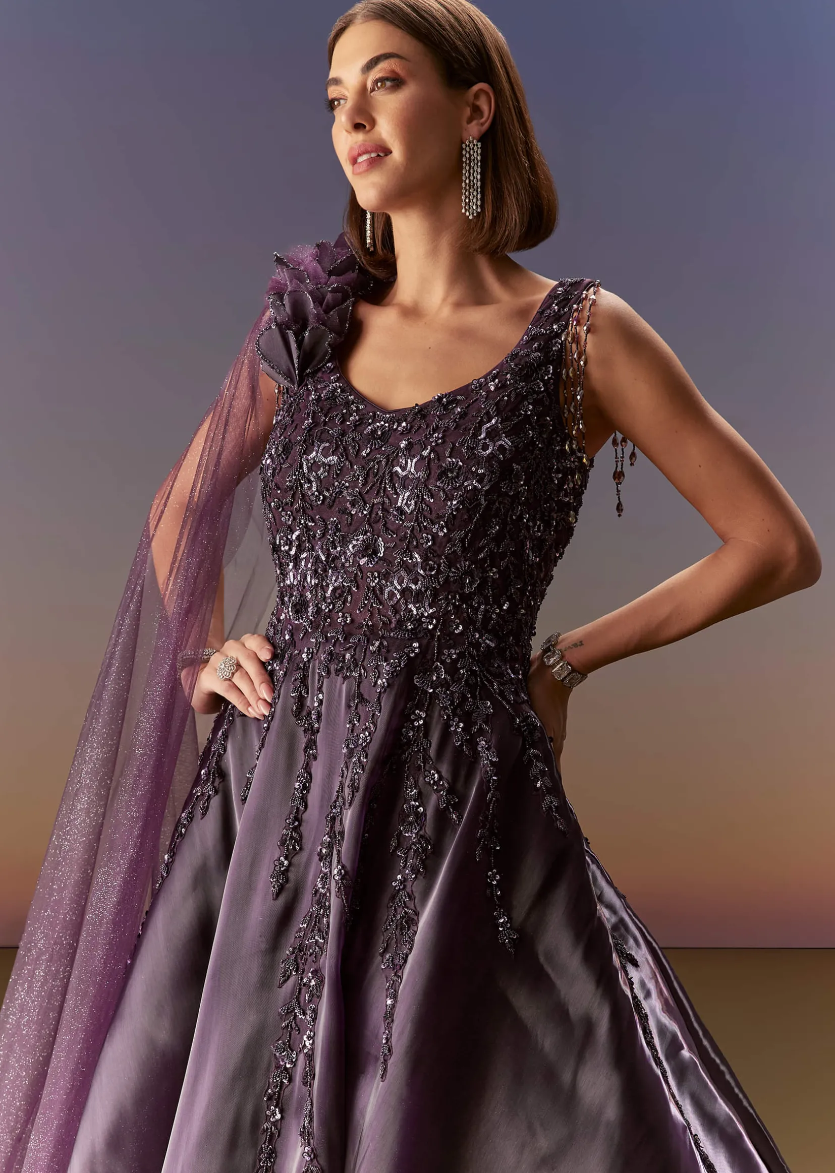 Purple Sleeveless Gown With Floral Shoulder Embroidery And Trail