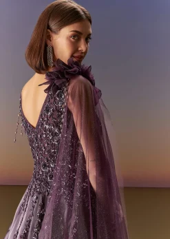 Purple Sleeveless Gown With Floral Shoulder Embroidery And Trail