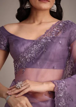 Purple Soft Organza Saree With Cutdana Sequins Embroidery