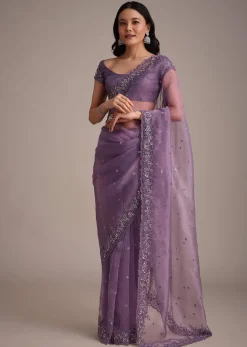 Purple Soft Organza Saree With Cutdana Sequins Embroidery