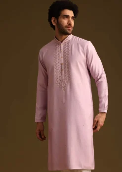Purple Threadwork Kurta Pant Set With Embroidered Yoke