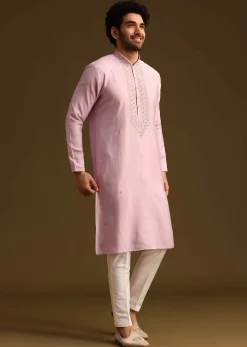 Purple Threadwork Kurta Pant Set With Embroidered Yoke