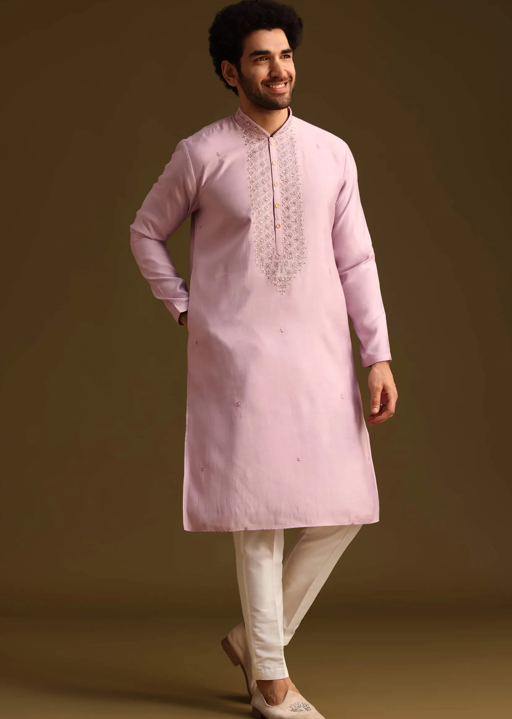 Purple Threadwork Kurta Pant Set With Embroidered Yoke