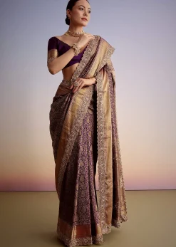 Purple Tissue Embellished Saree With Floral Embroidery