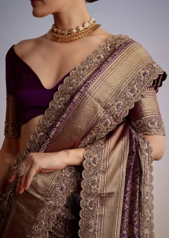 Purple Tissue Embellished Saree With Floral Embroidery