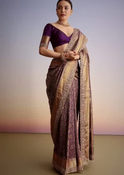 Purple Tissue Embellished Saree With Floral Embroidery