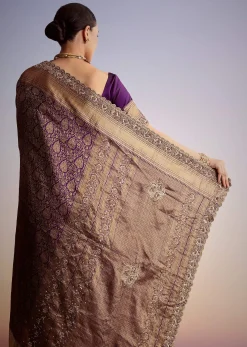 Purple Tissue Embellished Saree With Floral Embroidery