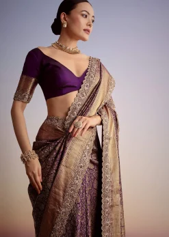 Purple Tissue Embellished Saree With Floral Embroidery