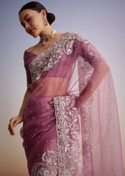 Purple Tissue Embellished Saree With Floral Embroidery All Over