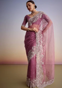 Purple Tissue Embellished Saree With Floral Embroidery All Over