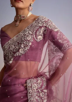 Purple Tissue Embellished Saree With Floral Embroidery All Over