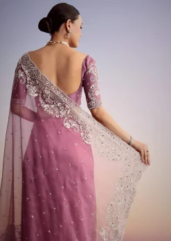 Purple Tissue Embellished Saree With Floral Embroidery All Over